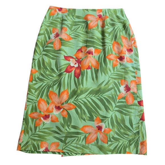 Worthington Vtg Green Floral Silk Hawaiian Tropic Vacation Resort Midi Skirt 10 - Picture 5 of 9